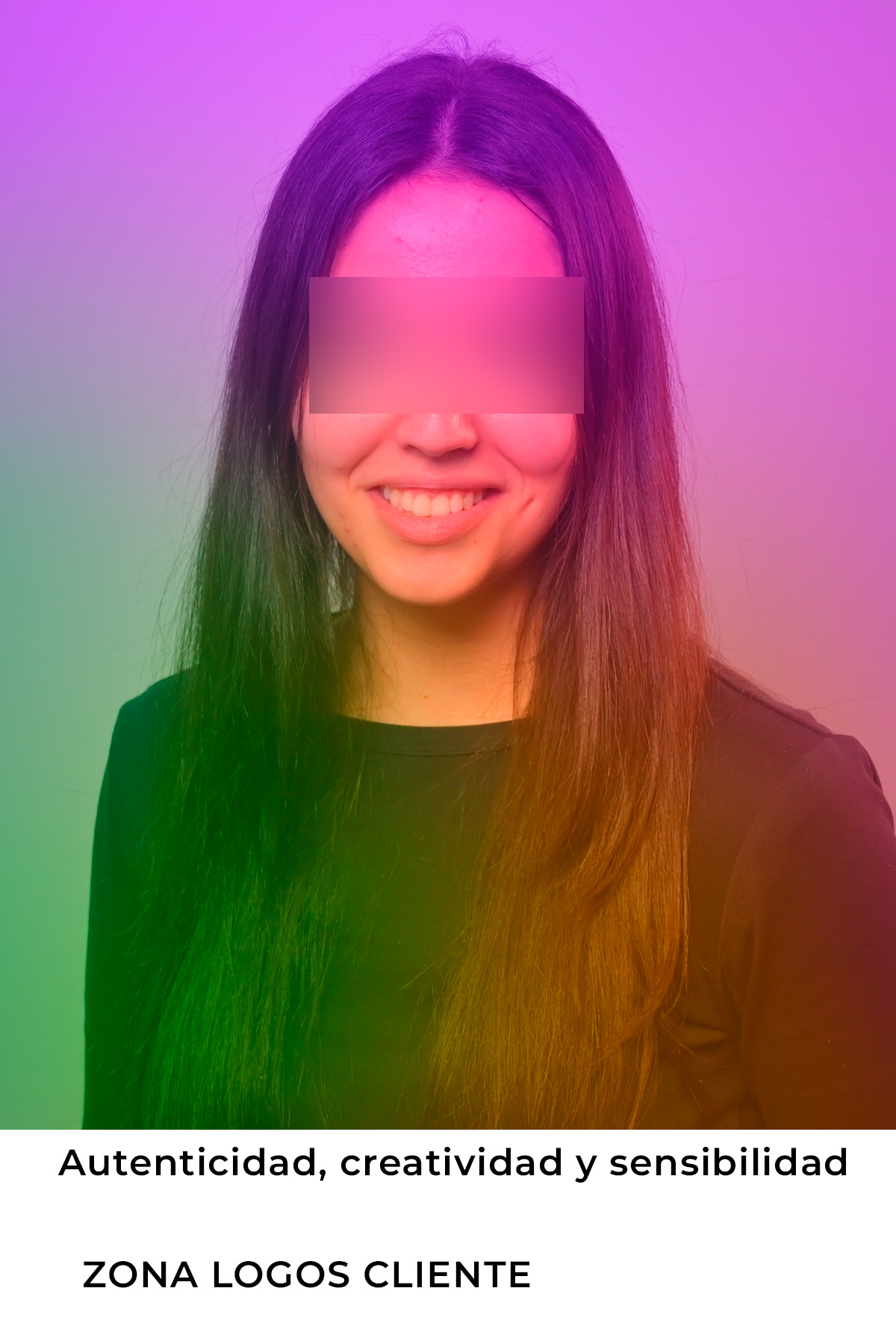Retrato con colores de aura violeta, magenta, verde y naranja